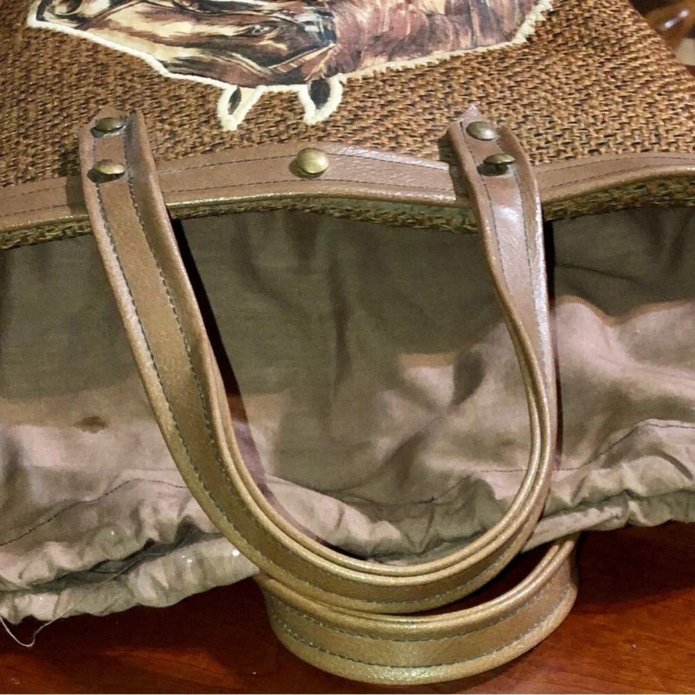 Woven vintage hardbody Brown bucket Tote Bag with Horse Motif